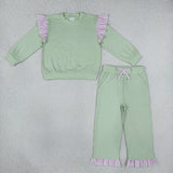 GLP3700 Solid Color Stripe Ruffles Light Green Girls Set