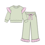 Preorder MOQ 5 pcs Each Color Solid Color Stripe Ruffles Girls Set