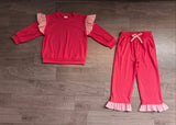 NO MOQ Preorder Samples GLP3701 Solid Color Stripe Ruffles Rose Red Girls Set