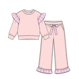 Preorder MOQ 5 pcs Each Color Solid Color Stripe Ruffles Girls Set