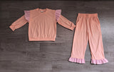 NO MOQ Preorder Samples GLP3702 Solid Color Stripe Ruffles Pink Girls Set