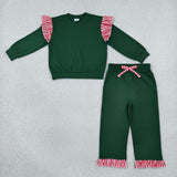 GLP3703 Solid Color Stripe Ruffles Dark Green Girls Set