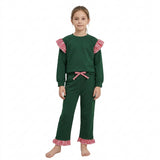 GLP3703 Solid Color Stripe Ruffles Dark Green Girls Set