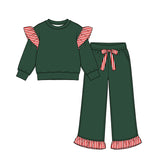Preorder MOQ 5 pcs GLP3703 Solid Color Stripe Ruffles Dark Green Girls Set