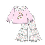 Preorder MOQ 5 pcs Each Style Easter Bunny Floral Bow Doll Collar Pink Kids Matching Clothes