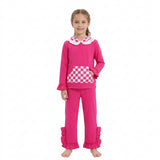 GLP3709 Solid Rose Red Ruffles Plaid Hoodie Girls Set