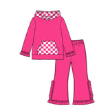 Preorder MOQ 5 pcs Each Color Solid Color Ruffles Plaid Hoodie Girls Set-2026.8.20