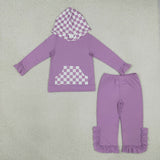 GLP3710 Solid Purple Ruffles Plaid Hoodie Girls Set