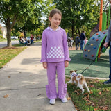 GLP3710 Solid Purple Ruffles Plaid Hoodie Girls Set