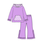 Preorder MOQ 5 pcs Each Color Solid Color Ruffles Plaid Hoodie Girls Set-2026.8.20
