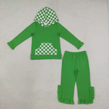 GLP3714 Solid Green Ruffles Plaid Hoodie Girls Set