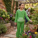 GLP3714 Solid Green Ruffles Plaid Hoodie Girls Set