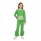 GLP3714 Solid Green Ruffles Plaid Hoodie Girls Set
