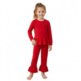 GLP3749 Solid Color Cotton Red Ruffles Girls Set