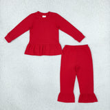 GLP3749 Solid Color Cotton Red Ruffles Girls Set
