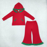 GLP3751 Christmas Green Ruffles Pocket Red Hoodie Pullover Girls Set