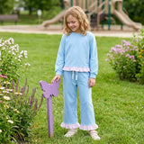 GLP3753 Solid Color Blue Cotton Pink Plaid Ruffles Girls Set