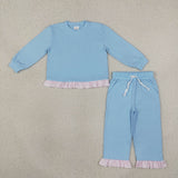 GLP3753 Solid Color Blue Cotton Pink Plaid Ruffles Girls Set