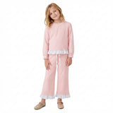 GLP3754 Solid Color Pink Cotton Blue Plaid Ruffles Girls Set