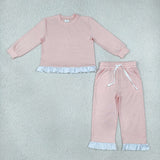 GLP3754 Solid Color Pink Cotton Blue Plaid Ruffles Girls Set