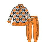 Preorder MOQ 5 pcs Each Style Fall Halloween Pumpkin Print Ruffles Kids Zipper Pullover Girls Set-2026.8.28