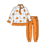 Preorder MOQ 5 pcs Each Style Fall Halloween Pumpkin Print Ruffles Kids Zipper Pullover Girls Set-2026.8.28