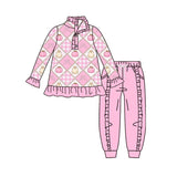 Preorder MOQ 5 pcs Each Style Fall Halloween Pumpkin Print Ruffles Kids Zipper Pullover Girls Set-2026.8.28