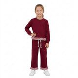 GLP3829 Solid Color Stripe Ruffles Maroon Girls Set