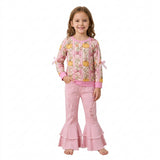 GLP3851 Fall Pumpkin Flower Bows Pink Denim Jeans 2 Pcs Girl's Set