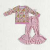 GLP3851 Fall Pumpkin Flower Bows Pink Denim Jeans 2 Pcs Girl's Set
