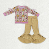 GLP3852 Fall Pumpkin Flower Bows Yellow Denim Jeans 2 Pcs Girl's Set