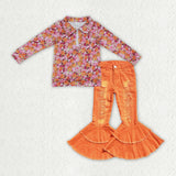 GLP3853 Floral Pullover Orange Denim Jeans 2 Pcs Girl's Set