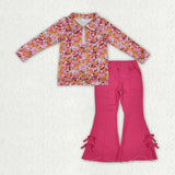 GLP3854 Floral Pullover Rose Red Denim Jeans 2 Pcs Girl's Set