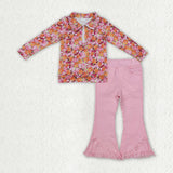 GLP3855 Floral Pullover Pink Denim Jeans 2 Pcs Girl's Set