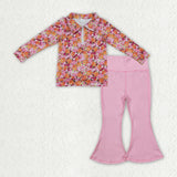 GLP3856 Flower Floral Pullover Pink Yoga Girls Flared Pants Set