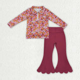 GLP3857 Flower Floral Pullover Scallop Edge Yoga Girls Flared Pants Set