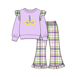 Preorder MOQ 5 pcs Each Style Mardi Gras Mask Print Plaid Ruffles Kids Matching Clothes
