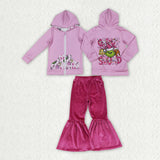 GLP3953 Christmas Green Animals Hoodie Coat Rose Red Velvet Flared Pants Girls Outfits