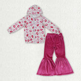 GLP3954 Valentine's Day Hoodie Coat Rose Red Velvet Flared Pants Girls Outfits