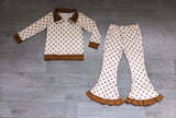 NO MOQ Preorder Samples Each Style Polo Pullover Ruffle Flared Pants Girls Set Kids Matching Clothes