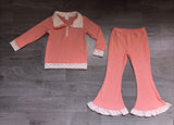 NO MOQ Preorder Samples Each Style Polo Pullover Ruffle Flared Pants Girls Set Kids Matching Clothes