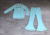 NO MOQ Preorder Samples Each Style Polo Pullover Ruffle Flared Pants Girls Set Kids Matching Clothes