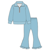 Preorder MOQ 5 pcs Each Style Polo Pullover Ruffle Flared Pants Girls Set Kids Matching Clothes