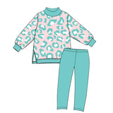 Preorder MOQ 5 pcs GLP3990 Leopard Blue Green Mockneck Yoga Girls Set