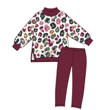 Preorder MOQ 5 pcs GLP3991 Leopard Dark Red Mockneck Yoga Girls Set