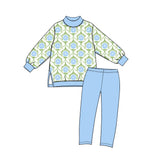 Preorder MOQ 5 pcs GLP3995 Flower Blue Mockneck Yoga Girls Set