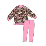 Preorder MOQ 5 pcs GLP4002 Hunting Leaves Pink Mockneck Yoga Girls Set