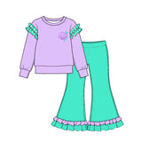 Preorder MOQ 5 pcs GLP4047 Shell Pattern Solid Color Cotton Ruffles Purple Turquoise Girls Set