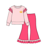 Preorder MOQ 5 pcs GLP4049 Crown Pattern Solid Color Cotton Ruffles Pink Rose Red Girls Set