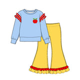 Preorder MOQ 5 pcs GLP4050 Apple Pattern Solid Color Cotton Ruffles Blue Red Girls Set